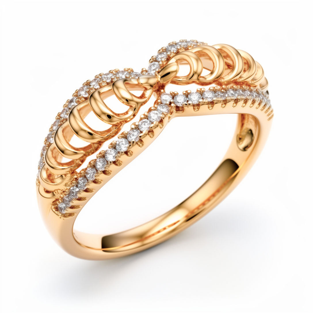 Gold-tone ring with a spiral infinity pattern and two rows of white cubic zirconia