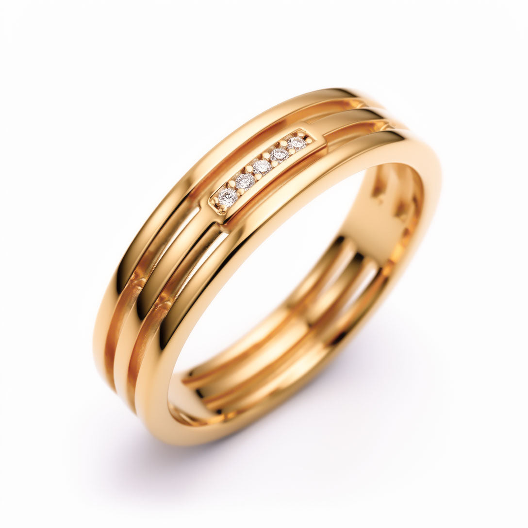 Gold-tone three-band ring with a small row of zirconia at the centre