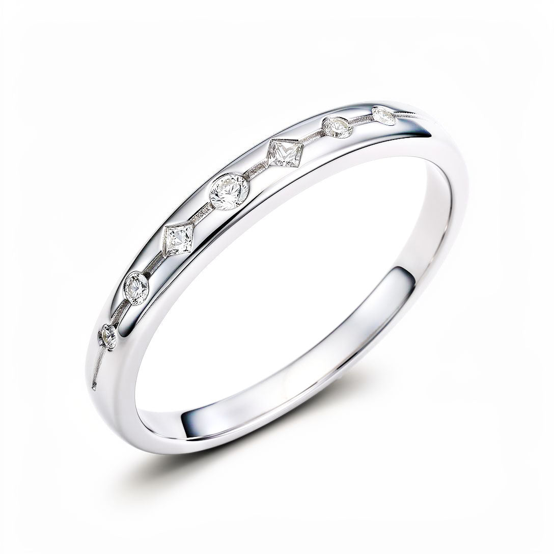 Narrow silver-tone ring with a row of round and diamond-shaped cubic zirconia