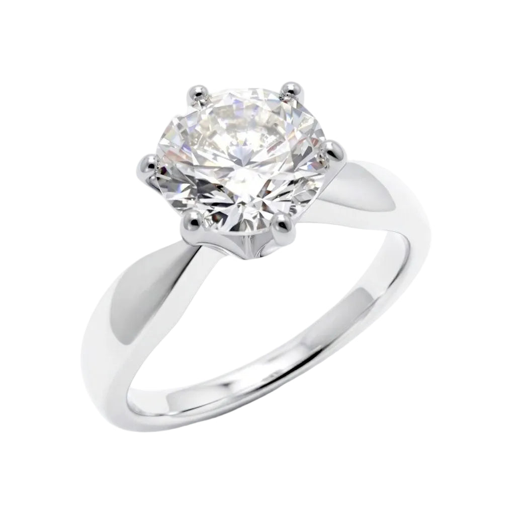 Solitaire ring with a large round cubic zirconia in a six-prong silver-tone setting