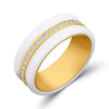 Wide white ceramic ring with a gold-plated cubic zirconia band and golden inside