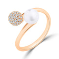 Open gold-plated ring with a white pearl and a ball studded with cubic zirconia