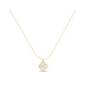 Fine gold-tone necklace with a white mother-of-pearl clover pendant on a white background
