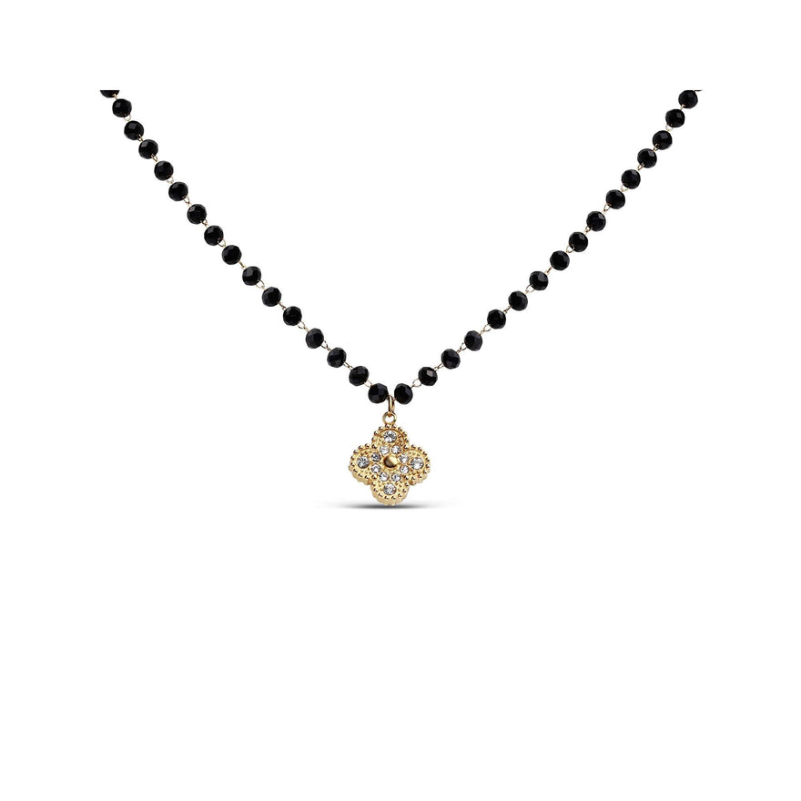 Black bead necklace with clover pendant
