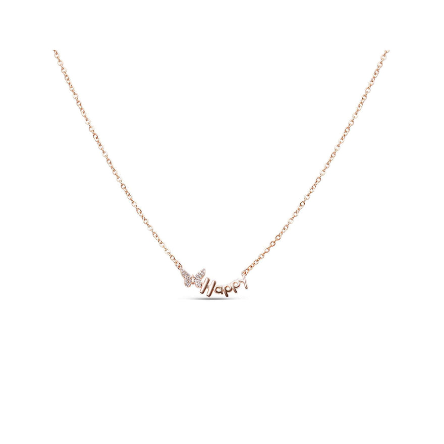 Happy lettering and butterfly necklace