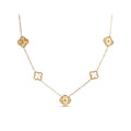 Gold-plated necklace with five four-leaf clover elements in gold and white tones