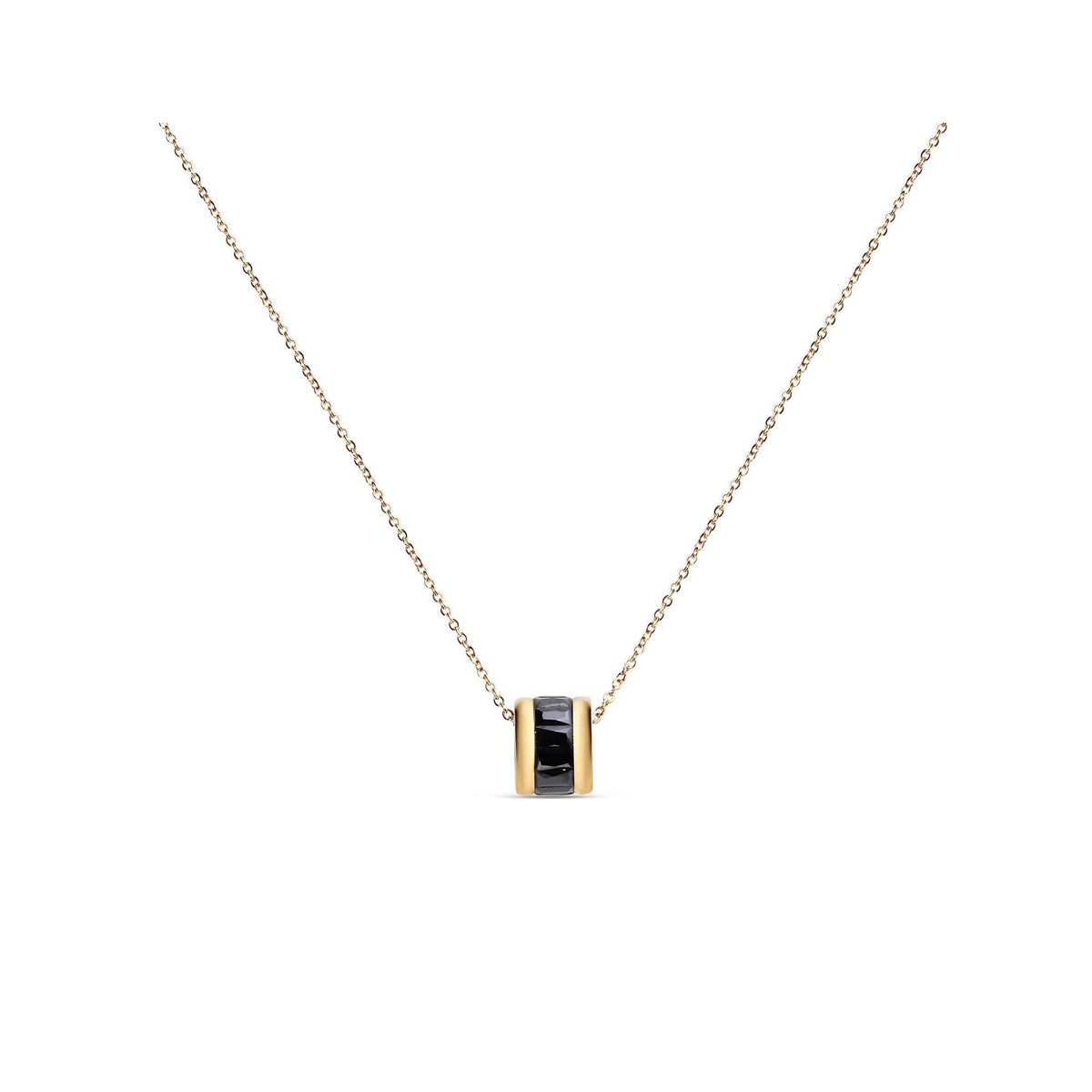 Gold-tone chain with a round pendant and a band of faceted black stones