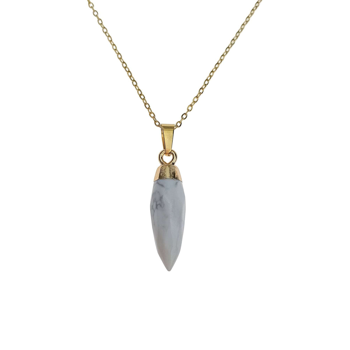 Elongated white stone pendant in a gold-plated frame on a fine chain