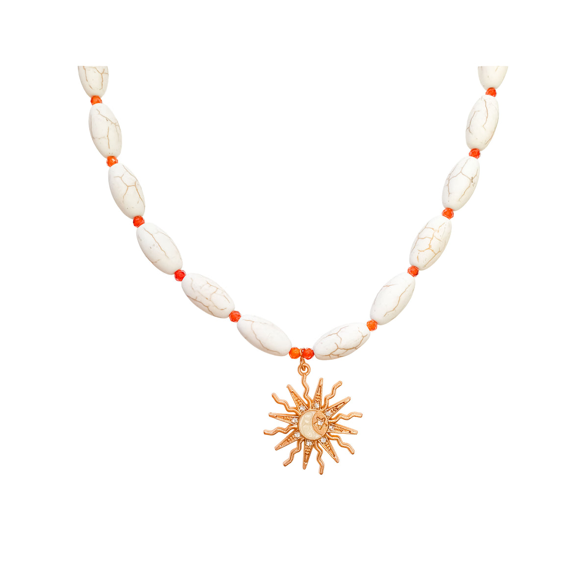 Necklace of white oval veined beads with orange stones and a gold-plated sun pendant