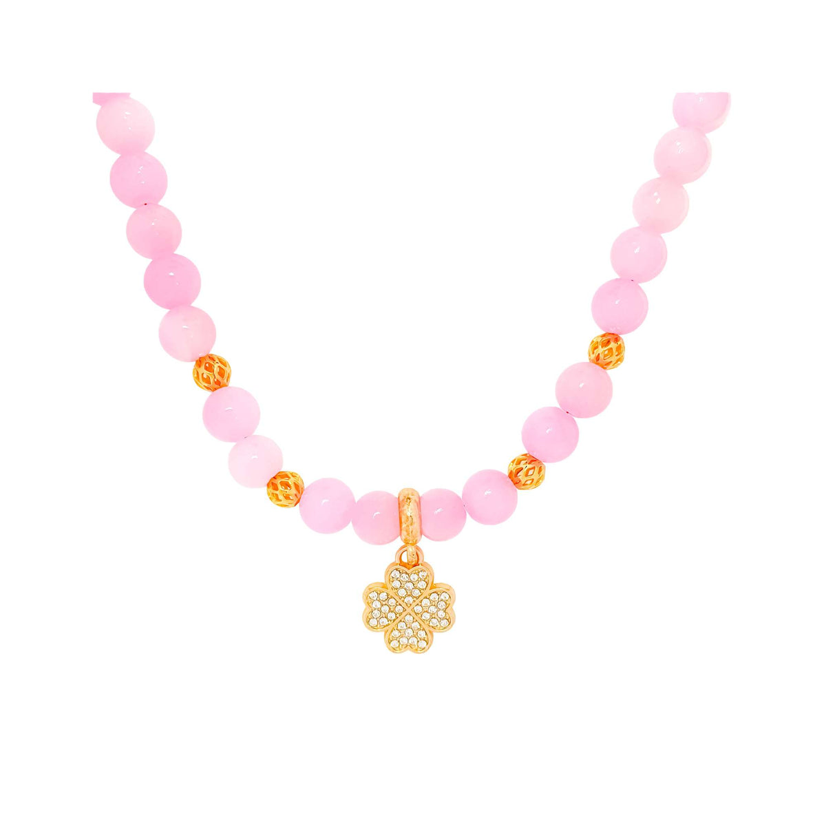 Pink bead necklace with a gold-tone four-leaf clover charm set with cubic zirconia