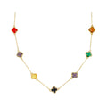 Gold-plated necklace with nine multicoloured clover charms on a fine chain