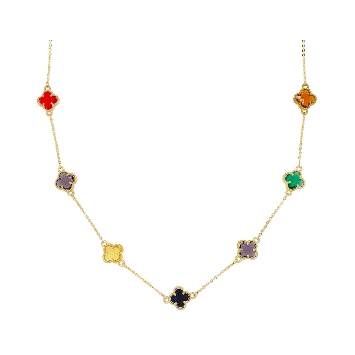 Gold-plated necklace with nine multicoloured clover charms on a fine chain