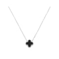 Necklace with a black enamel clover and a beaded edge in silver tone
