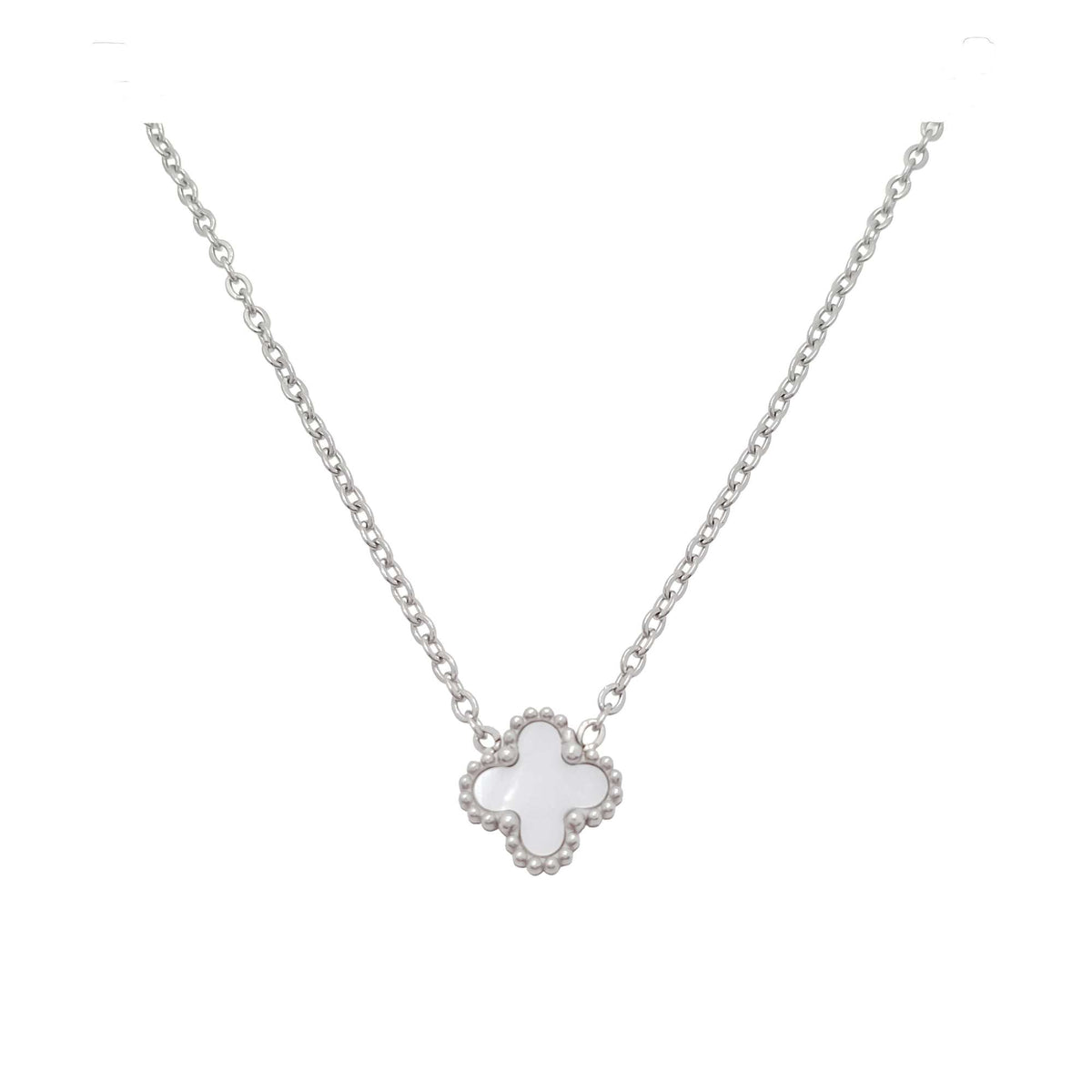 Silver-tone necklace with a white clover motif on a fine chain
