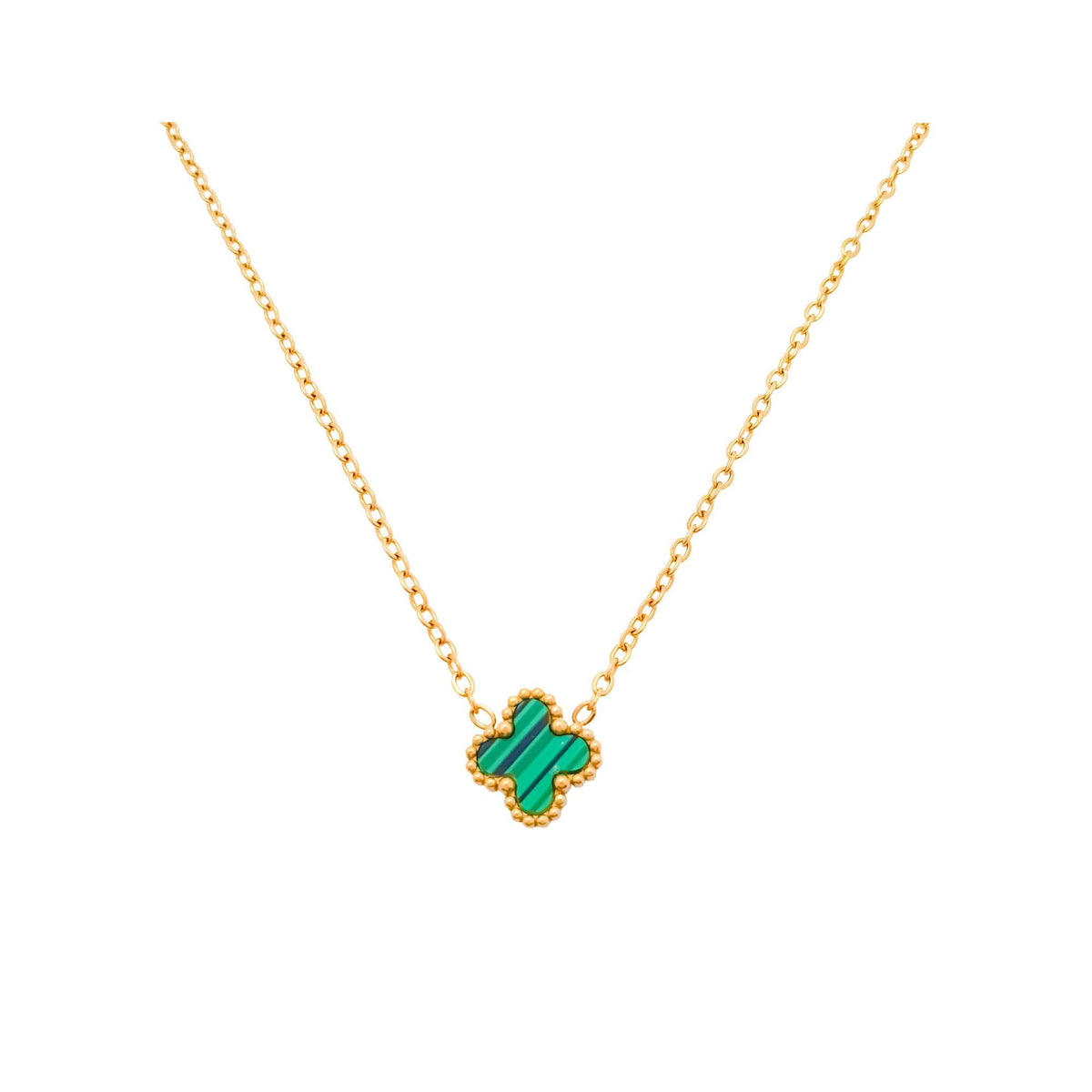 Gold-plated chain with a green striped clover pendant on a white background