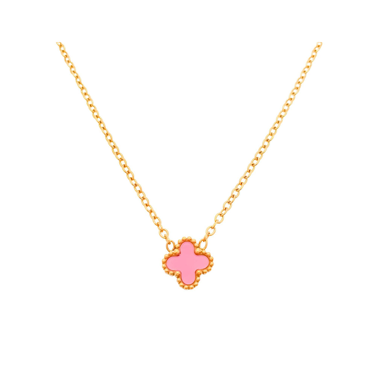 Gold-plated necklace with a single pink enamel clover pendant on a fine chain