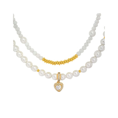 Double-strand faux pearl heart necklace