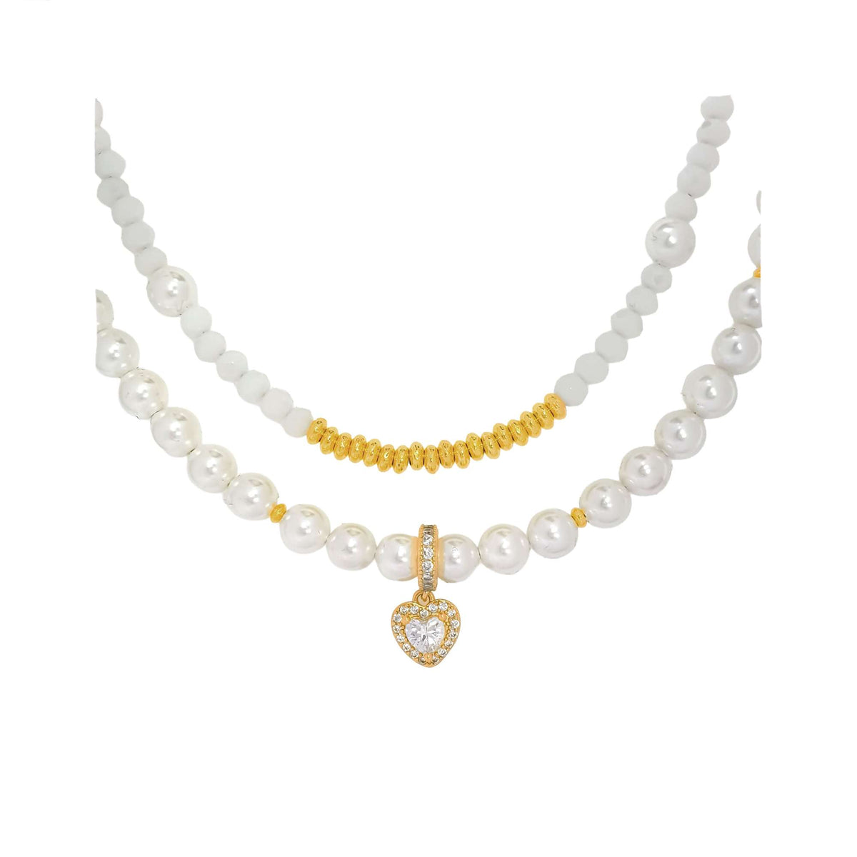 Double-strand faux pearl necklace with a cubic zirconia heart and gold-tone spacers