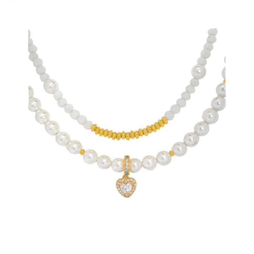 Double-strand faux pearl heart necklace