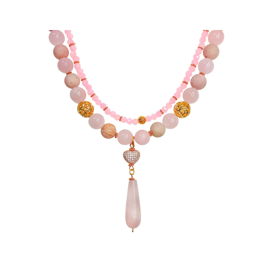 Two-strand rose quartz heart necklace