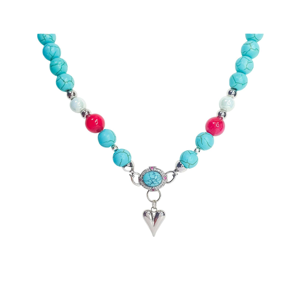 Turquoise necklace with a heart pendant and cubic zirconia front clasp