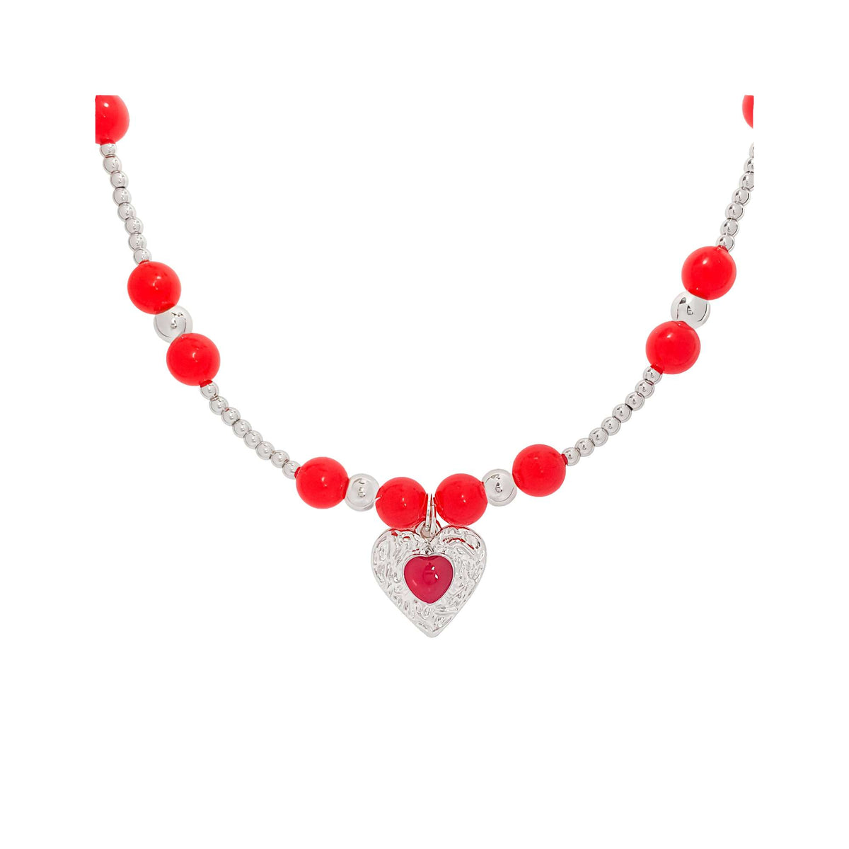 Red chalcedony bead necklace with an embossed silver-tone heart pendant