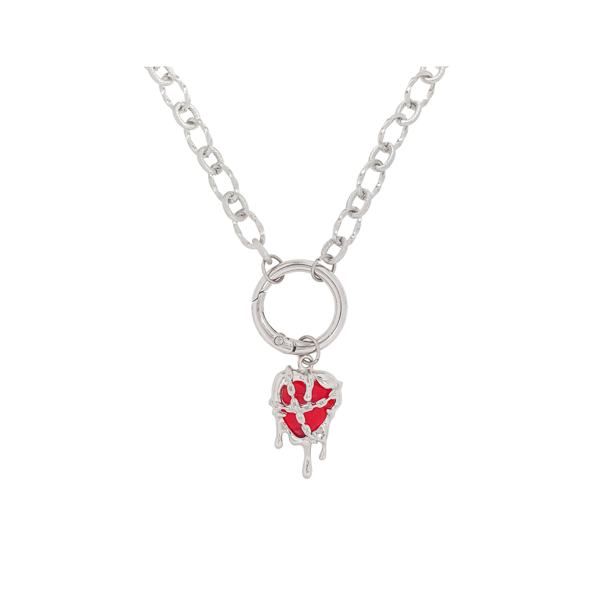 Chunky silver-tone chain with a red heart pendant and melted-metal effect