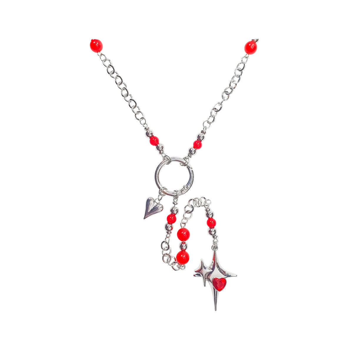 Silver-tone necklace with red chalcedony, a heart and a star charm