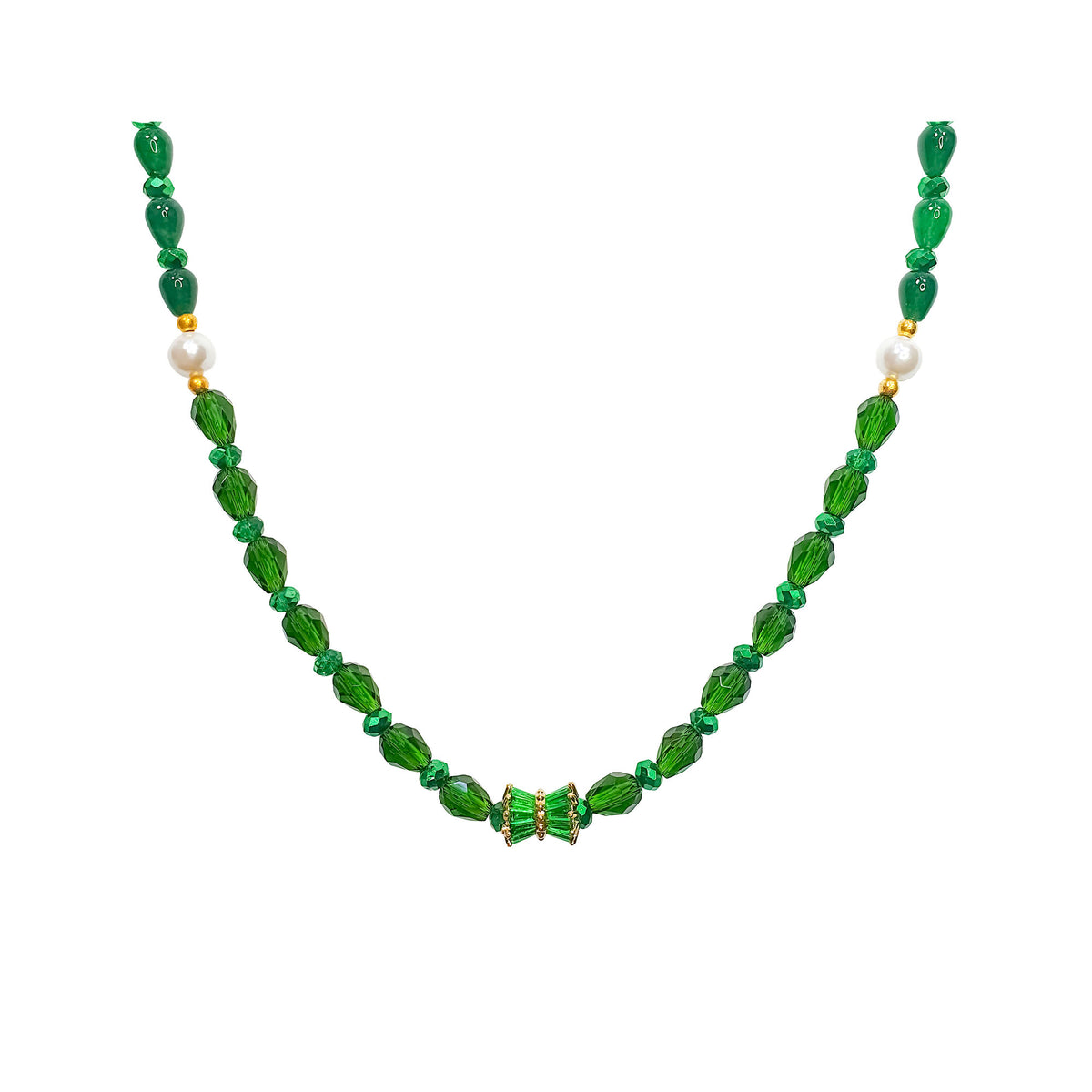 Green necklace of faceted crystals with white pearls and a geometric gold-tone centre