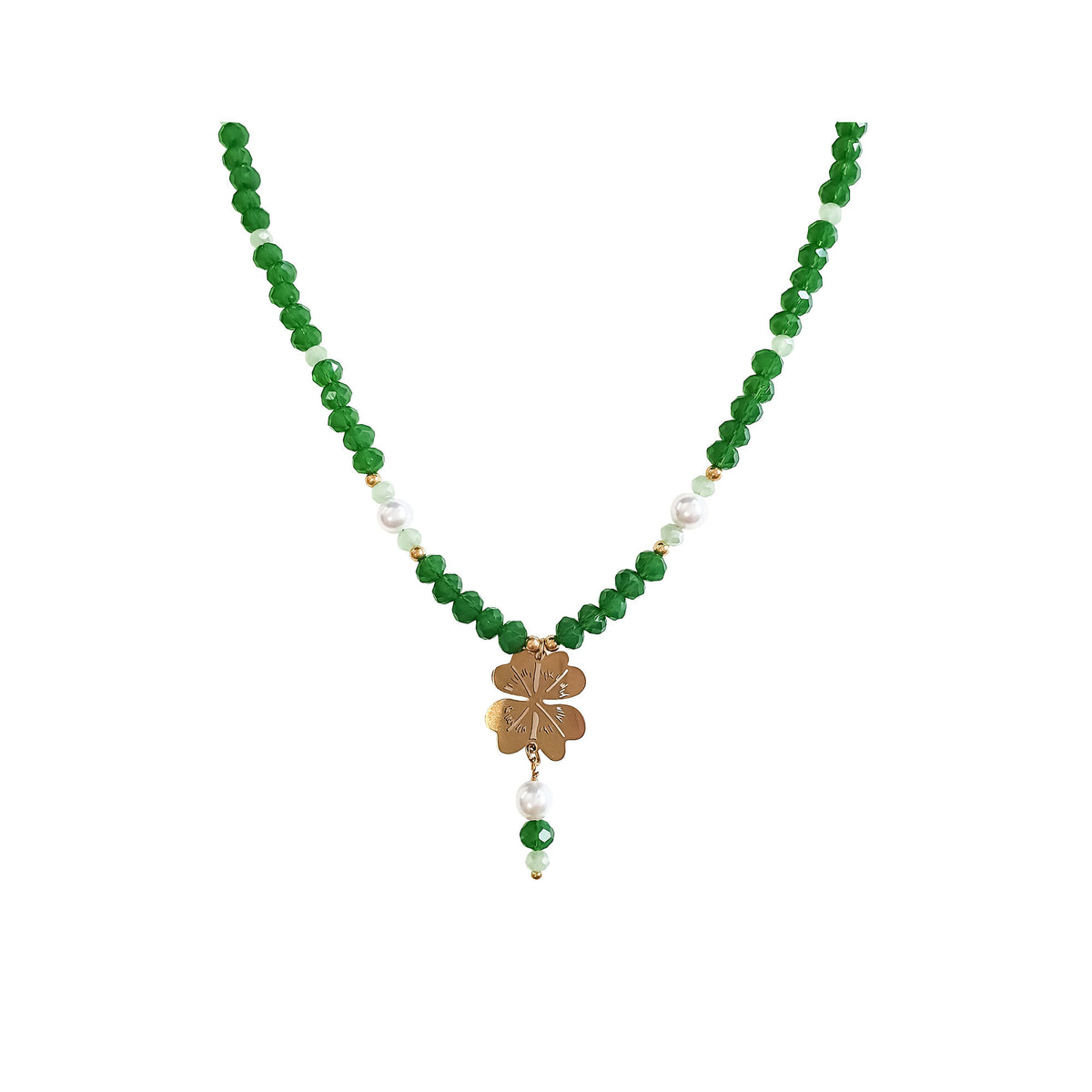 Gold-tone four-leaf clover with a pearl on a green crystal necklace