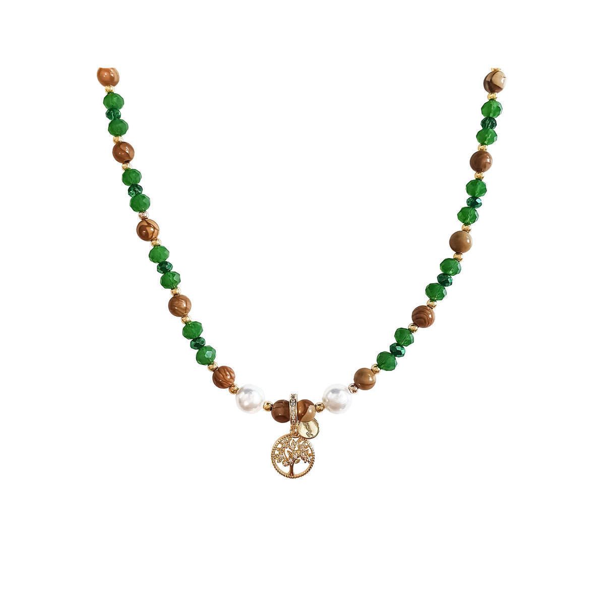 Natural jasper and green crystal bead necklace with a gold-tone tree of life pendant