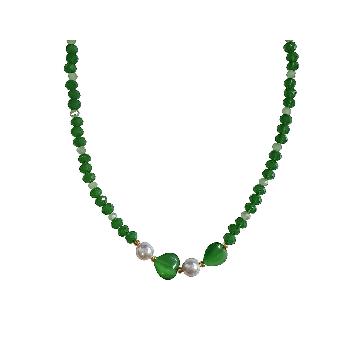 Green bead necklace with two heart-shaped stones and white pearls