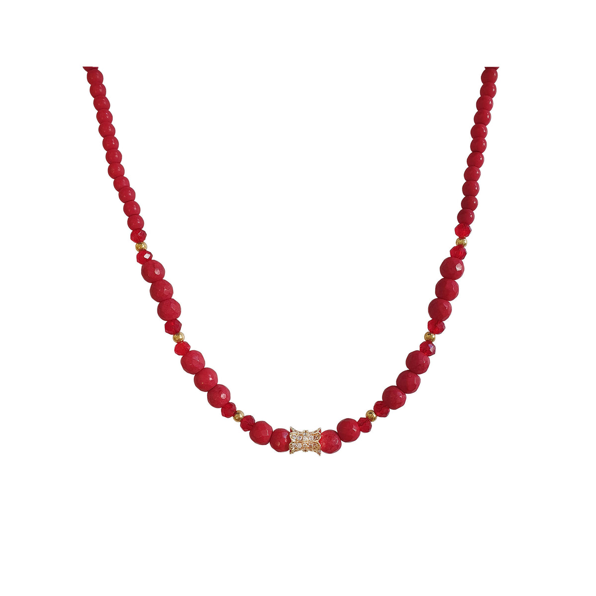 Bright red women's bead necklace of synthetic howlite
