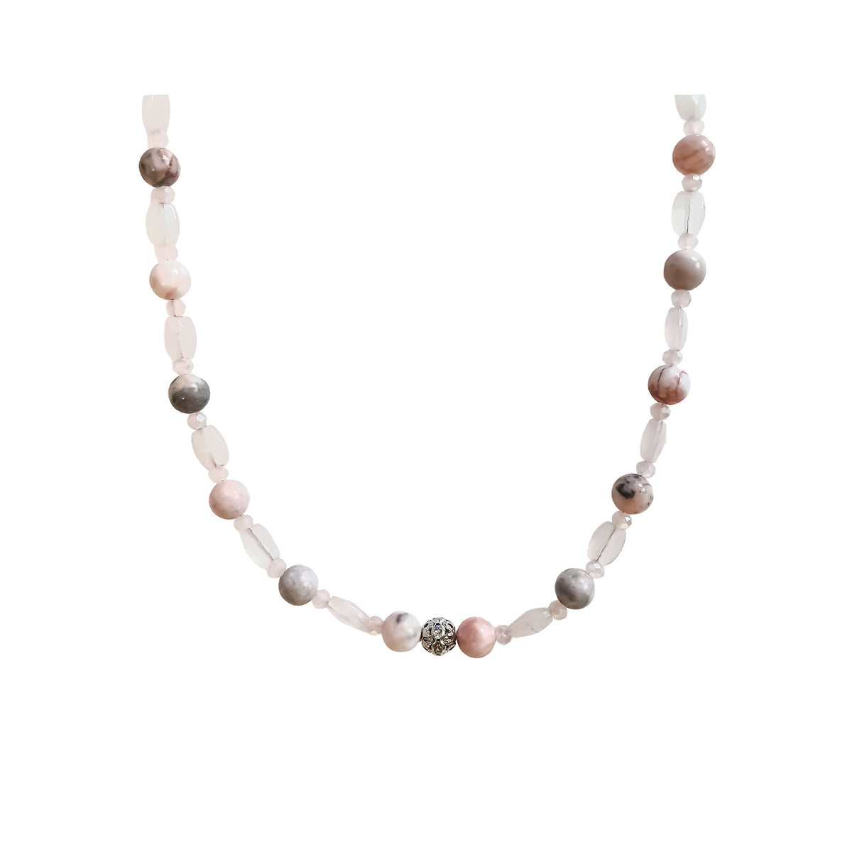 Soft pink natural zebra jasper and faux quartz bead necklace