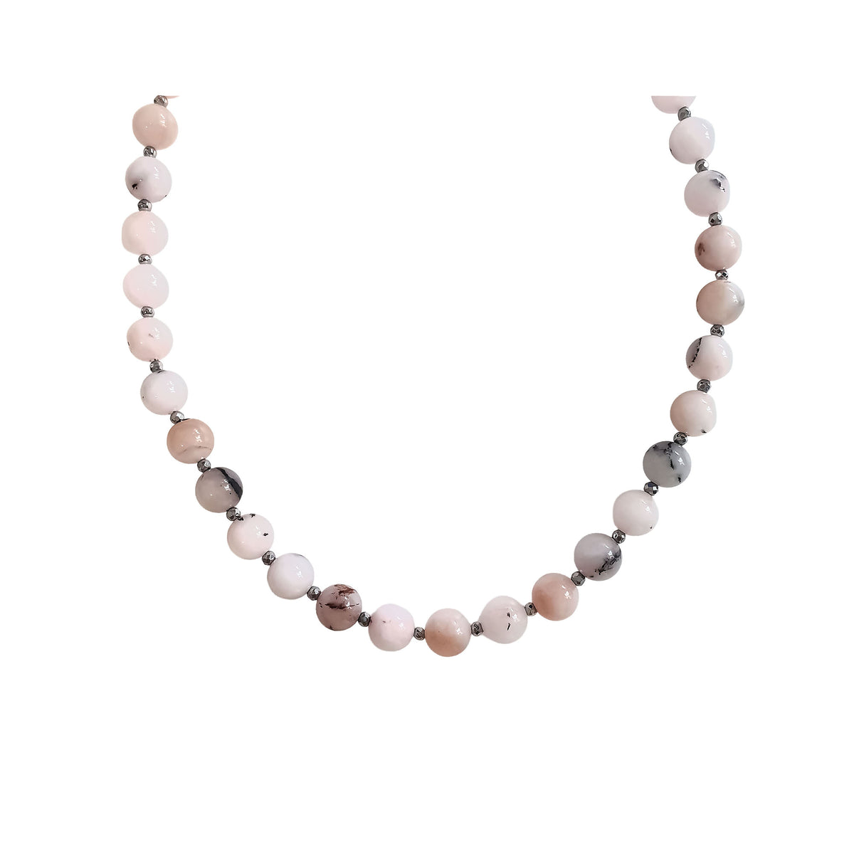 Women's necklace of synthetic pink dendritic opal beads