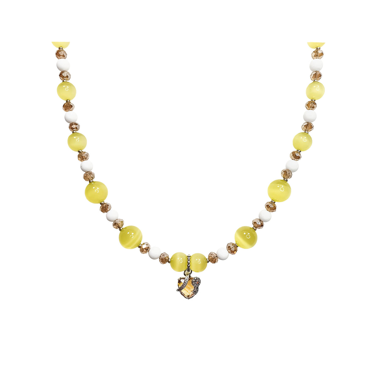 Necklace of yellow beads and white nephrite with a heart pendant