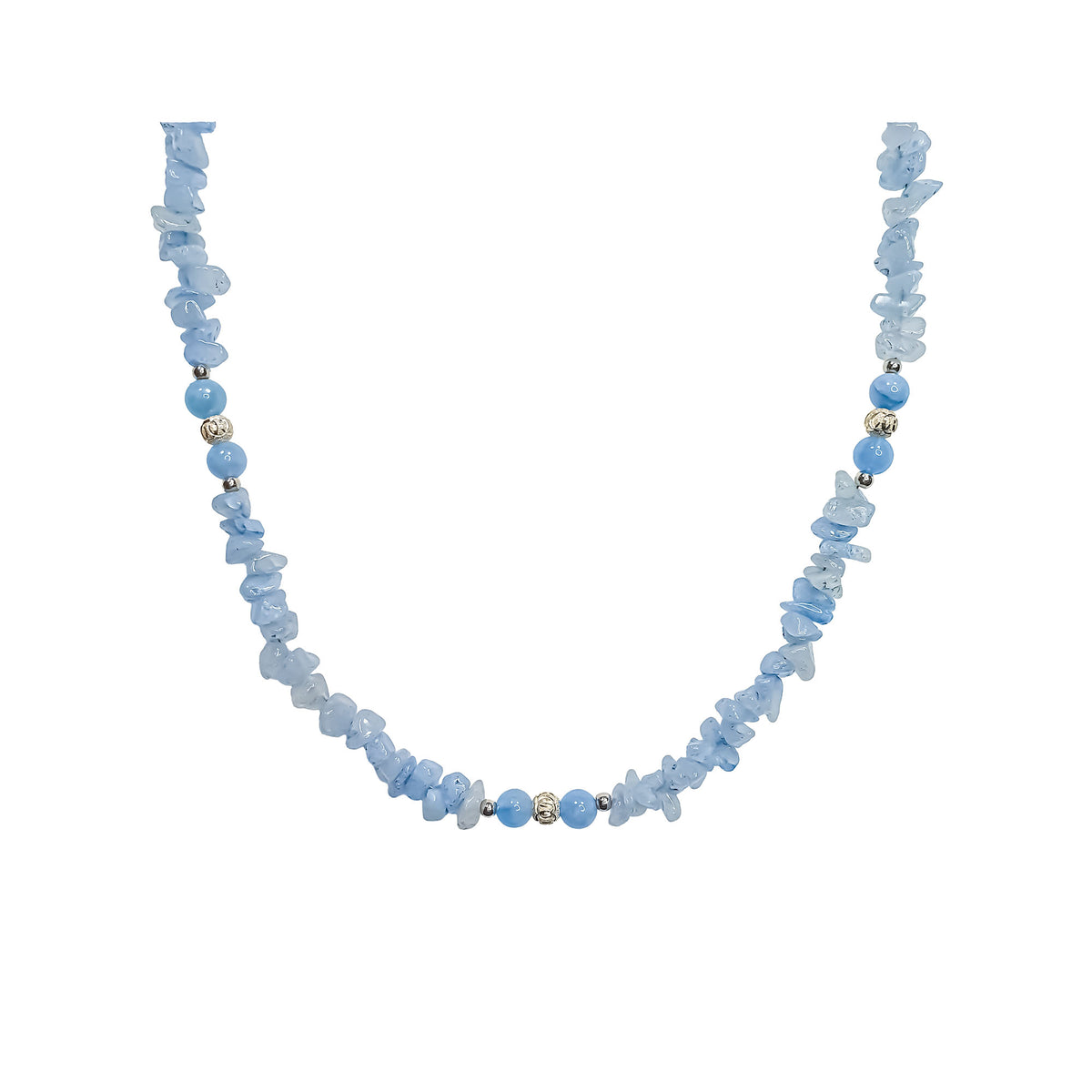 Light blue necklace of flat synthetic stones with round beads and silver-tone details