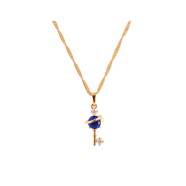 Key necklace with a blue cubic zirconia