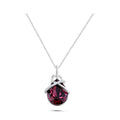 Necklace with a large faceted violet stone and cubic zirconia band, silver tone