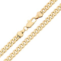 Close-up of a gold-plated curb chain with wide flat links and a lobster clasp