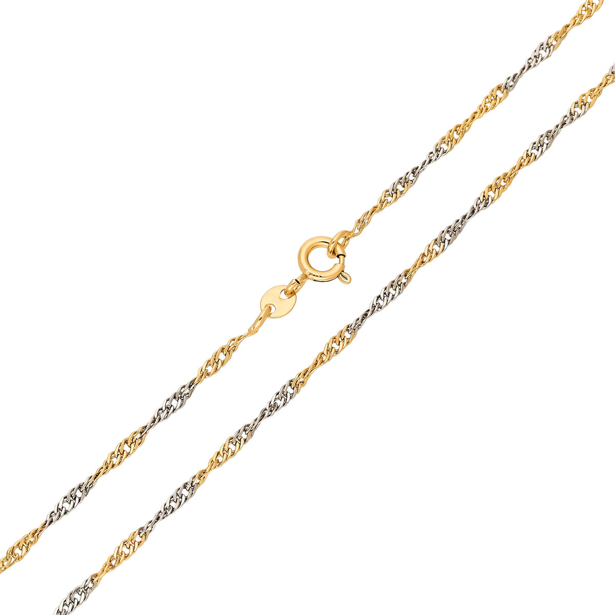 Two-tone Singapore chain with round spring ring clasp, close-up