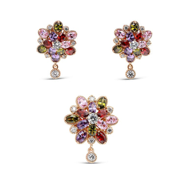 Multicolour flower stud and pendant set