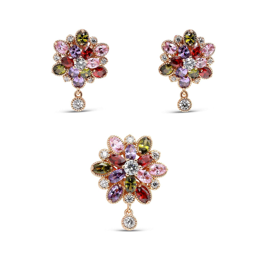 Multicolour flower stud and pendant set