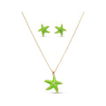 Starfish pendant on a chain and matching earrings in bright green enamel on white