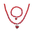 Red bead necklace and bracelet with silver-tone heart charms