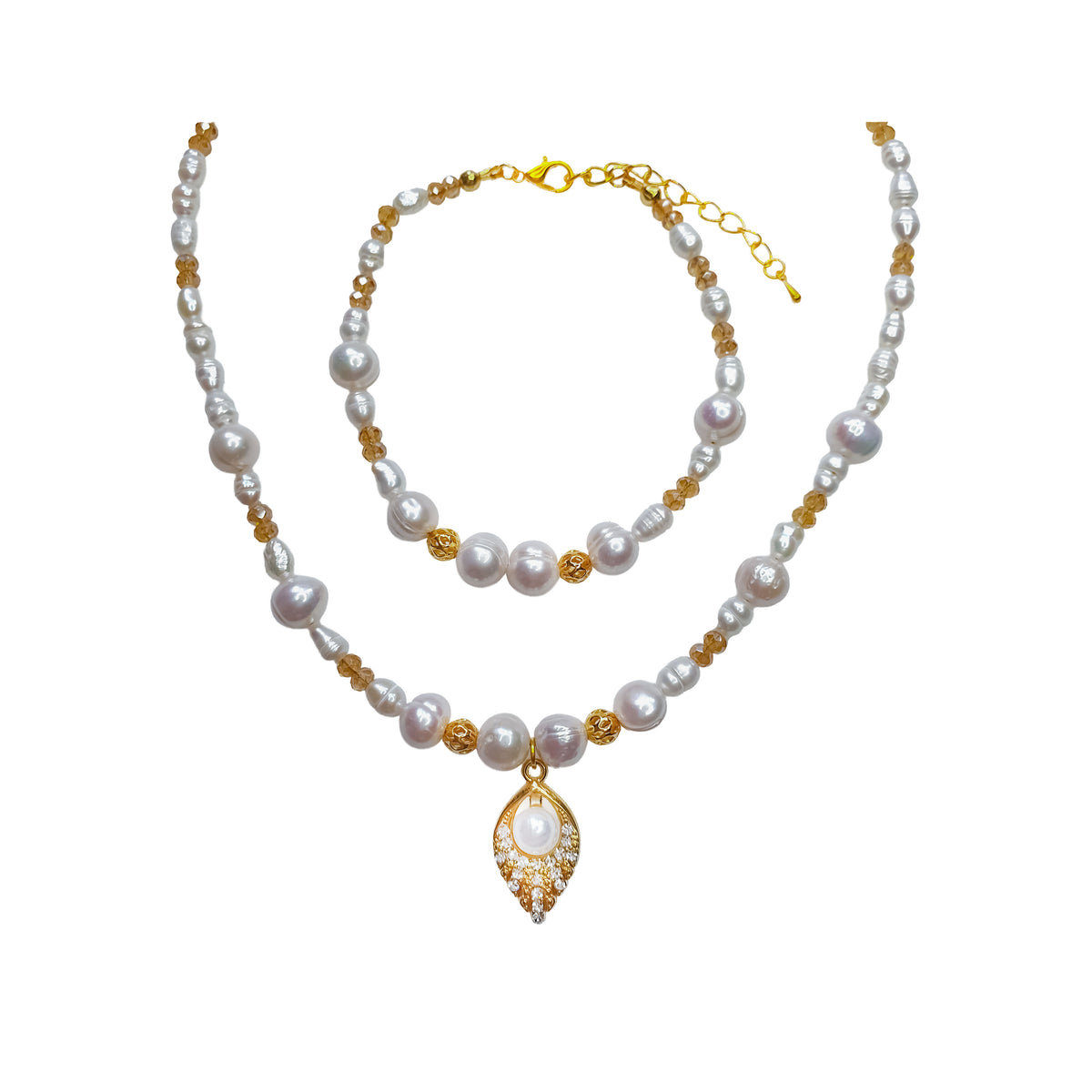 Pearl necklace with a leaf pendant and matching bracelet with golden spacers