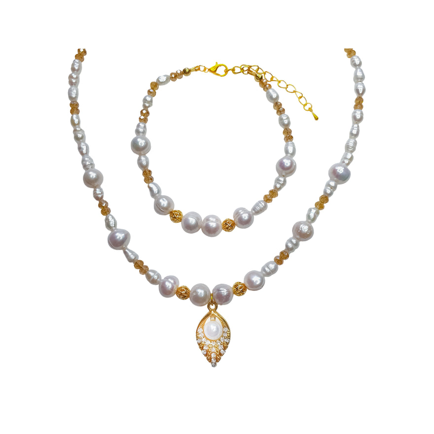 Pearl leaf necklace and bracelet set