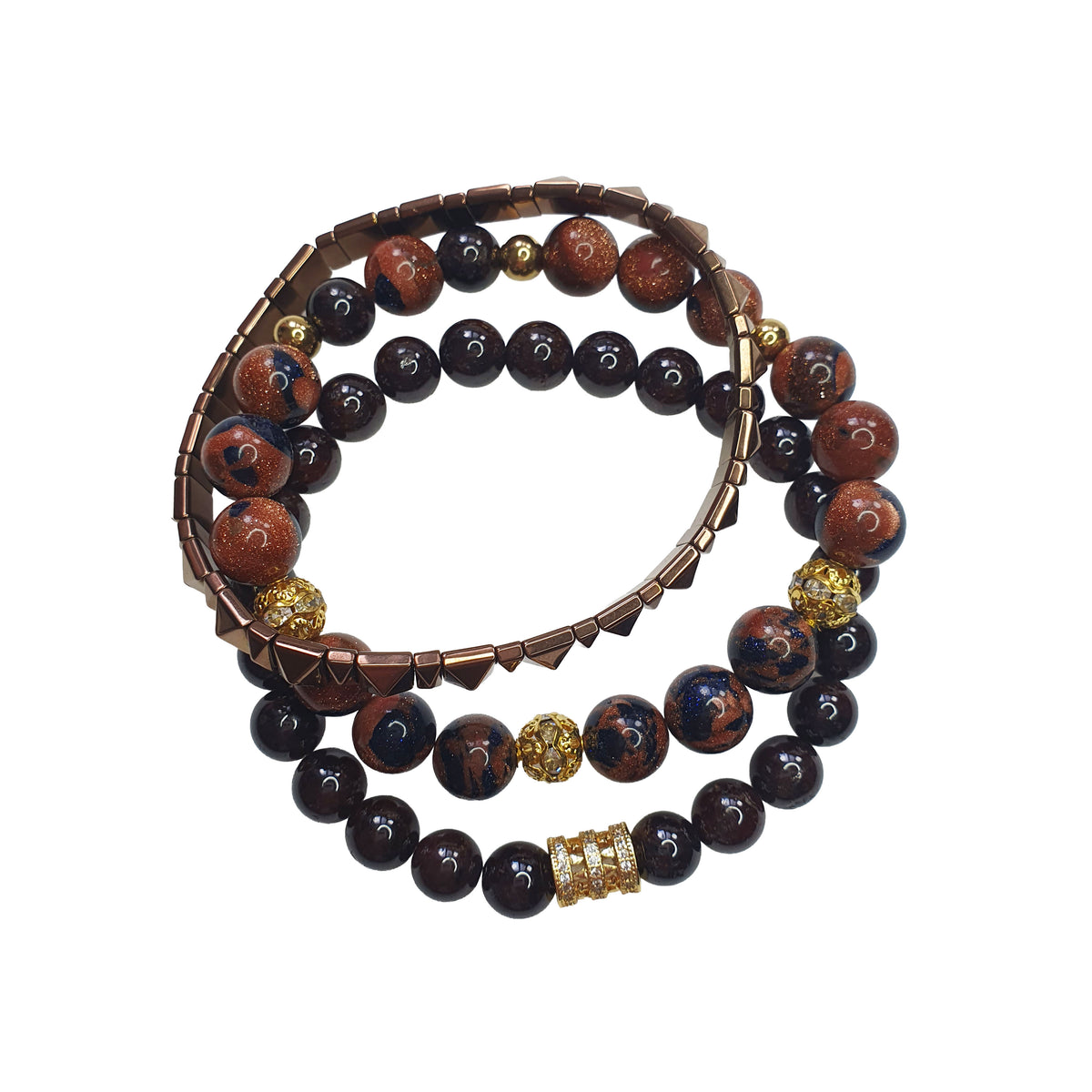 Three reddish-brown bracelets with garnet, sparkling aventurine and golden cubic zirconia spacers