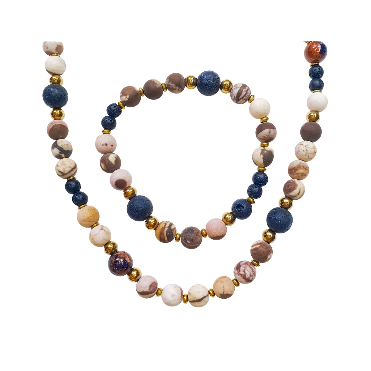 Necklace and bracelet set with mottled jasper beads, blue lava stone and gold-tone spacers