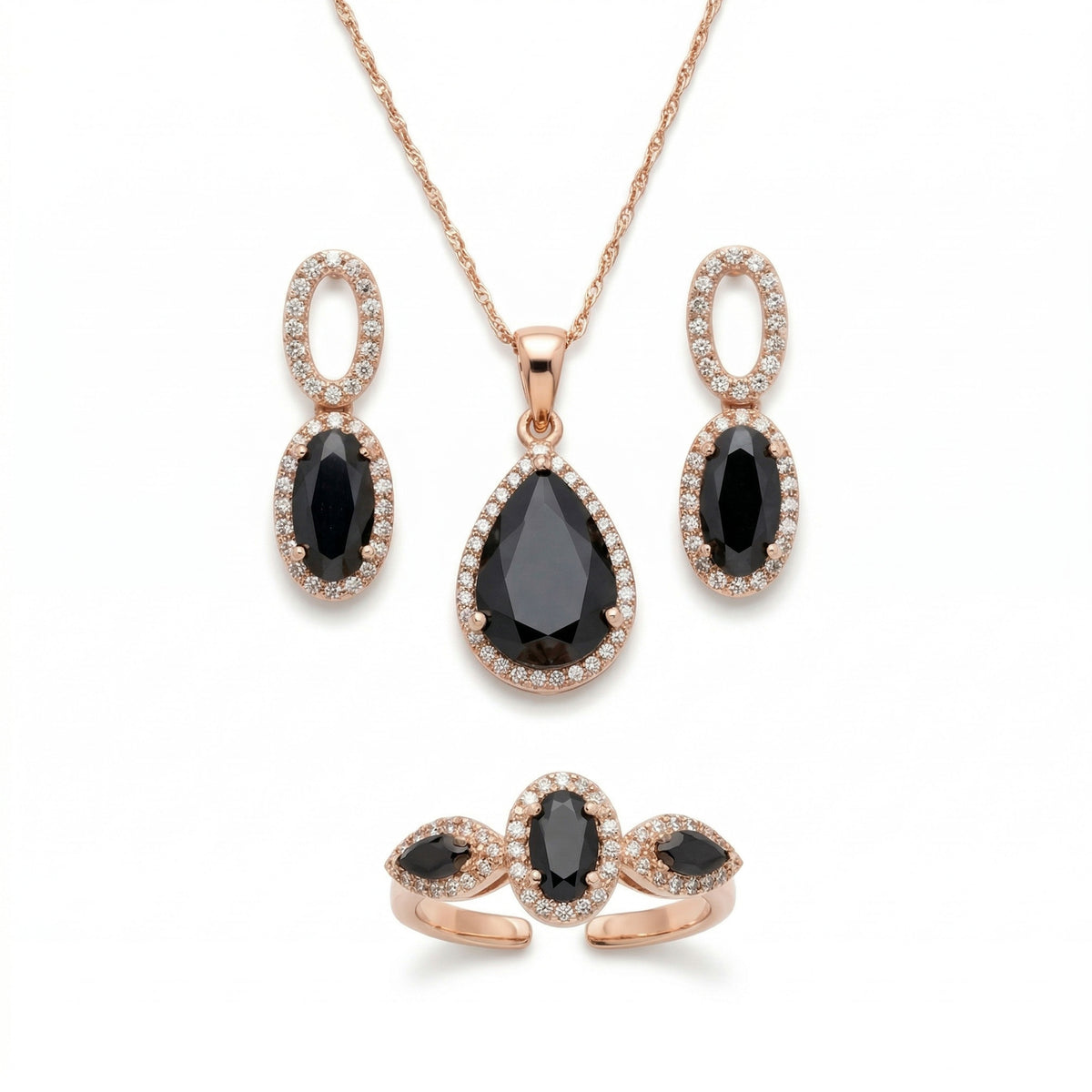 Gold-plated set with black cubic zirconia: necklace, drop earrings and adjustable ring